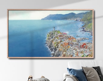 Samsung Frame TV art - "Cinque Terre Vernazza" colorful smart tv art, Mediterranean digital art for tv, Aquarelle Painting TV Art