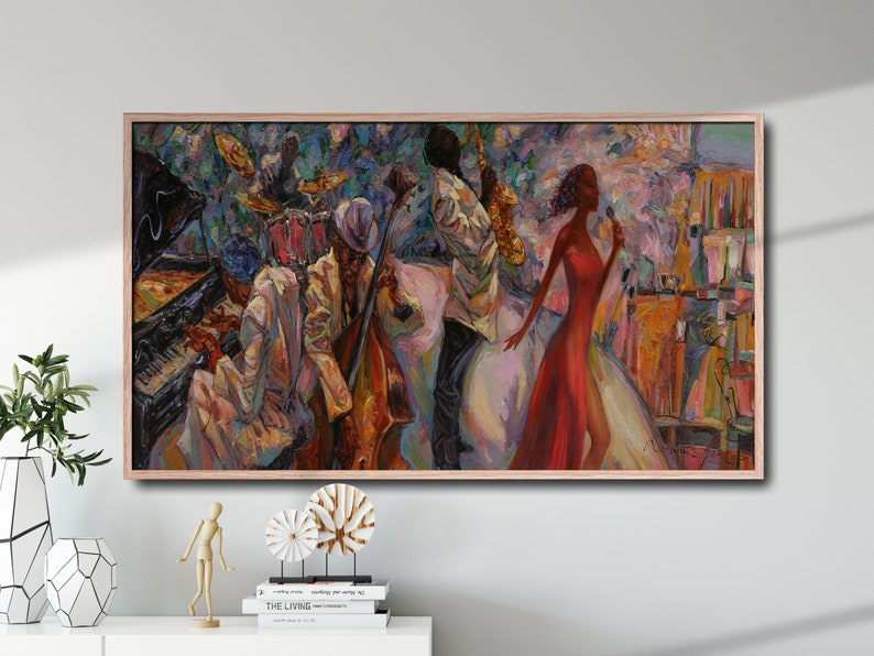 Music wall art for SMART TV, Jazz oil painting Digital print. Jazz Pianist saxophone digital canvas art, Jazz club Digital Poster image 5