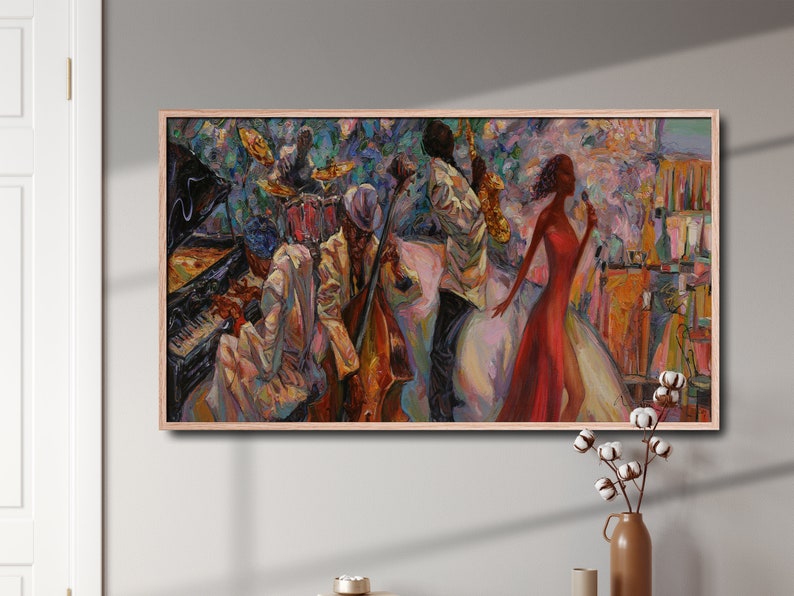 Music wall art for SMART TV, Jazz oil painting Digital print. Jazz Pianist saxophone digital canvas art, Jazz club Digital Poster image 3