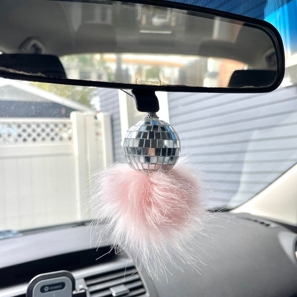 Disco ball rearview mirror car charm ornament with pompom