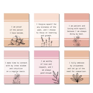 May include: Six pink and peach affirmation cards with black line drawings of flowers and plants. The cards feature positive self-affirmations such as "I am proud of the person I have become." and "I am worthy of love and respect, and I am always good enough."