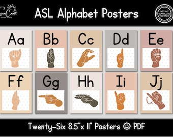 May include: A set of ASL alphabet posters featuring letters A through J. Each rectangular poster displays a black uppercase and lowercase letter above a hand sign illustration on a white background with black dots. The posters are 8.5 inches by 11 inches.