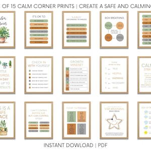 Calm Down Corner Kit, Set of 15 Posters, Montessori Playroom, Plant Classroom Posters, Emotions Chart, for Kids