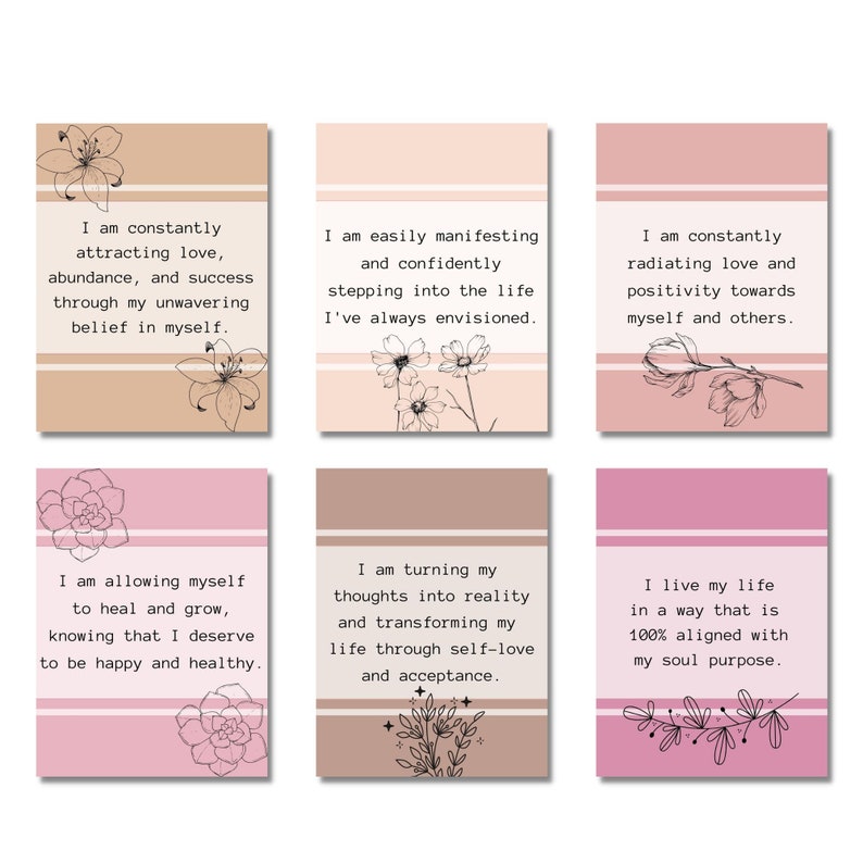 May include: Six pink and brown affirmation cards with floral illustrations and positive messages. The cards feature phrases like "I am constantly attracting love" and "I am turning my thoughts into reality".