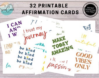 May include: A collection of 32 printable affirmation cards with various positive messages in different fonts and colors. The cards feature phrases like "I trust my journey," "Make today amazing," and "Good vibes only." The image includes the text "Instant Download You Print."