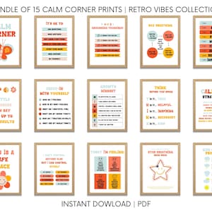 Calming Corner Classroom Printables, Groovy Retro Canva Classroom Decor, Calm Down Skills - PDFs