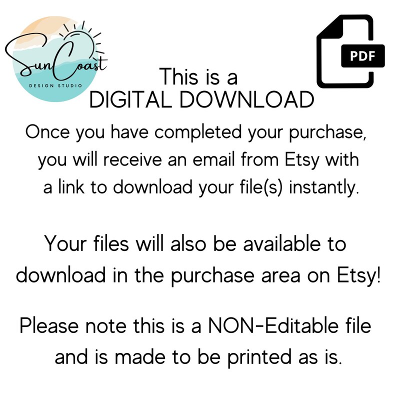 K&ouml;nnte beinhalten: Digitaler Download-Grafik mit dem Text "This is a DIGITAL DOWNLOAD". Das Bild enth&auml;lt das Logo von Sun Coast Design Studio und ein PDF-Symbol. Anweisungen zum Herunterladen der Datei sind ebenfalls enthalten.