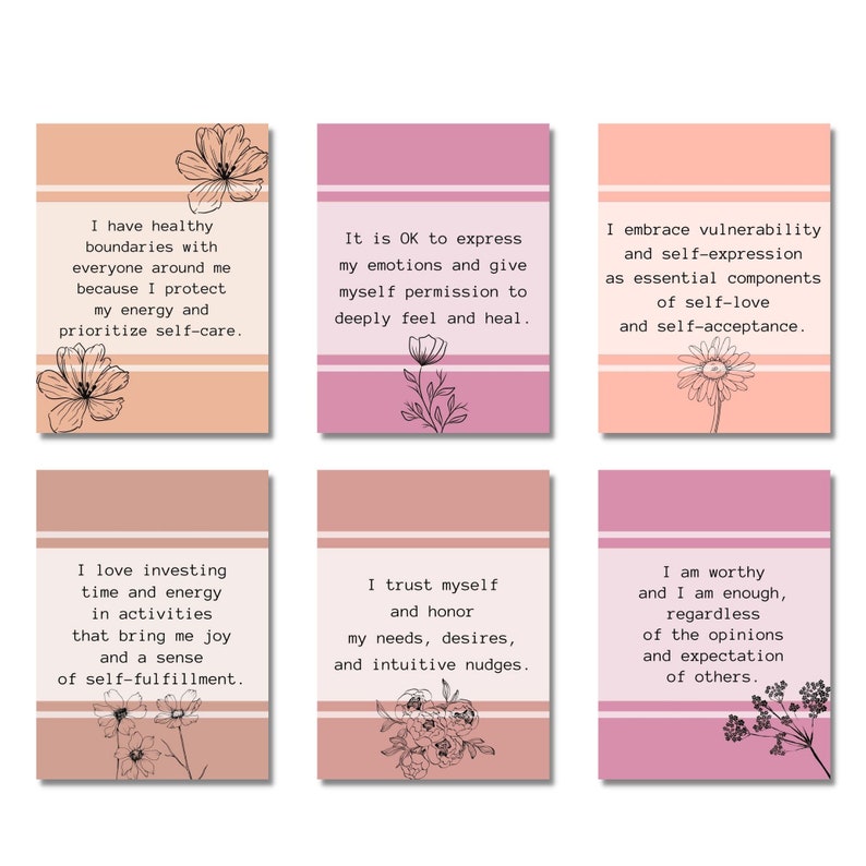 May include: Six pink and peach colored affirmation cards with black floral illustrations and text. The cards feature positive affirmations about self-care, self-love, and self-acceptance.