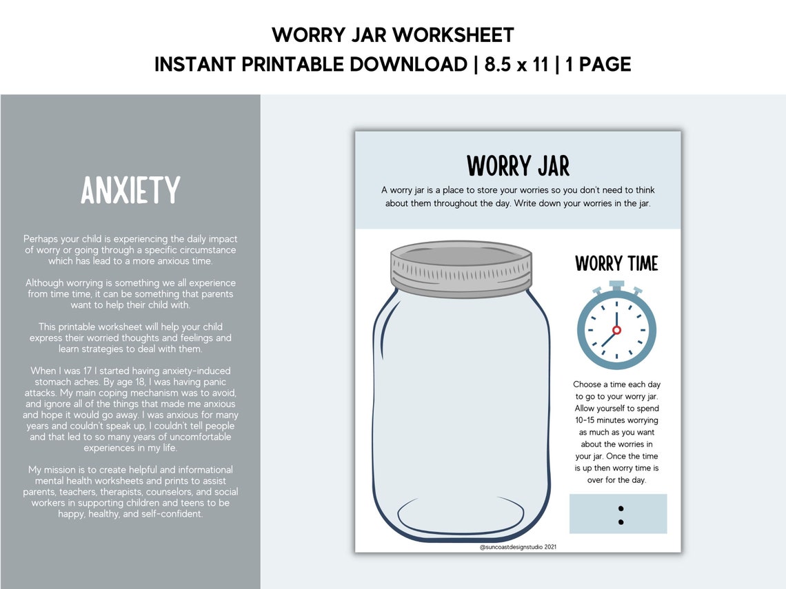 Worry Jar Worksheet For Kids Children Therapy Counseling Etsy