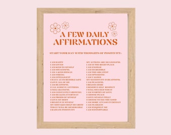 Daily Affirmations Pink Wall Print, Retro Room Decor, Dorm Decor, Motivational Quote, Daily Reminders, Printable Art
