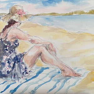 Female Watercolor on the beach Original by Linda Capello