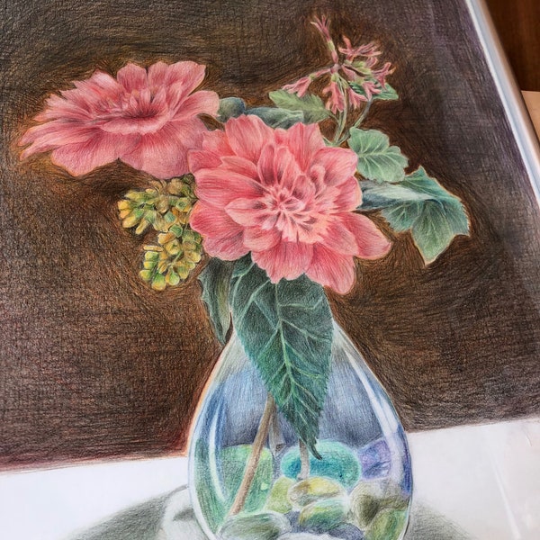 Blumenstrauß in Vase Buntstift Gemälde ( flowers in vase colour pencil painting) Original