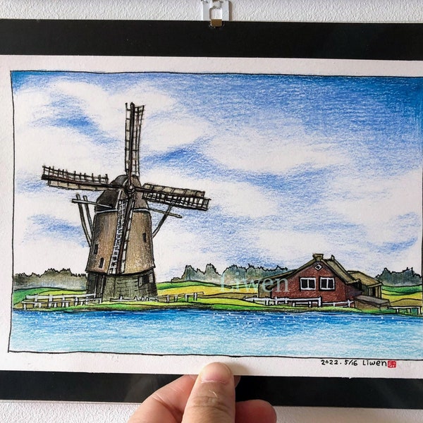 Holländische Windmühlenszene (Dutch windmill scene) Original