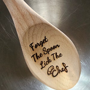 Lick the Chef Spoon – Funny Engraved Wooden Spoon – Naughty Kitchen Gift – Flirty Cooking Decor – Bachelorette/Housewarming Gift for a Chef