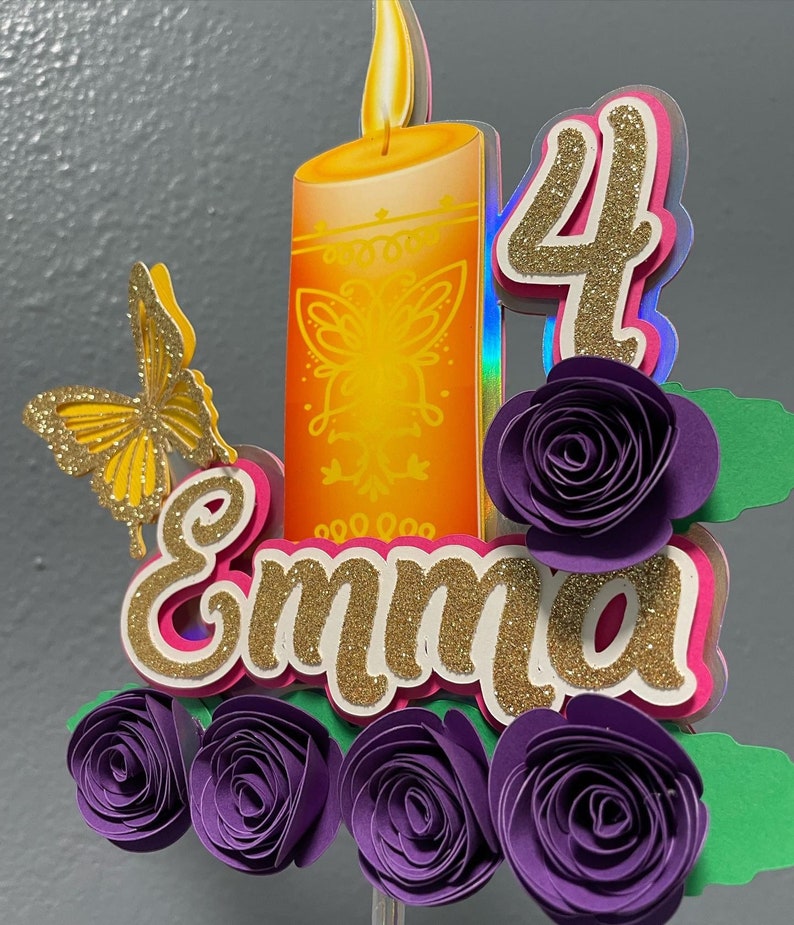 Encanto candle cake topper Purple roses