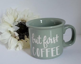 Embossed Threshold “But First, Coffee” Stoneware Mug ~ Embossed Lettering