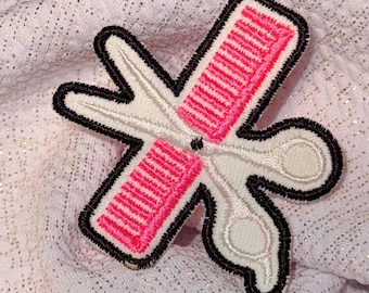 Cosmetologist Iron On Embroidered Patch Scissors Comb Hairstyle Design