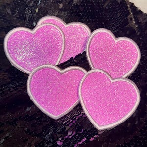 Pink Glitter Heart Embroidered Iron On Patch Applique