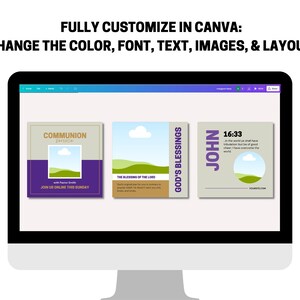 May include: A computer screen displaying a Canva design template with three different social media post designs. The designs feature a purple and beige color scheme with text that reads "Communion Service", "The Blessing of the Lord", and "John 16:33".
