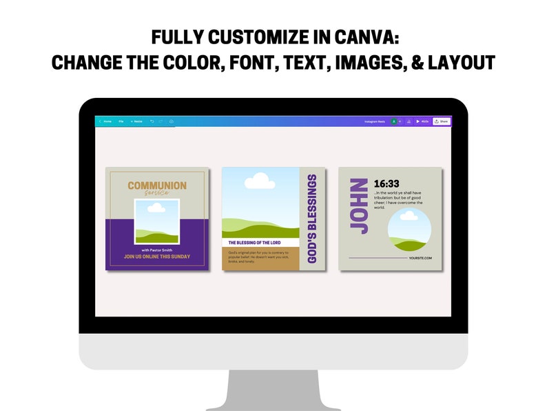 May include: A computer screen displaying a Canva design template with three different social media post designs. The designs feature a purple and beige color scheme with text that reads "Communion Service", "The Blessing of the Lord", and "John 16:33".