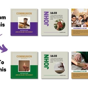 May include: Four social media post designs for a church service. The top left post is a beige square with a purple and green border. The text reads "Communion Service" with a picture of a chalice and bread. The top right post is a beige square with a purple border. The text reads "John 16:33" with a picture of a hand holding a book. The bottom left post is a beige square with a green and purple border. The text reads "Communion Service" with a picture of hands holding a wafer. The bottom right post is a beige square with a purple border. The text reads "God's Blessings" with a picture of a family.