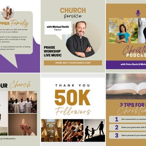 May include: A collage of six images promoting a church. The top left image features a purple background with a speech bubble that says "FOR HAPPIER Family". The top middle image features a brown background with a circle containing a man in a black clergy shirt. The text "CHURCH Service" is at the top of the image. The top right image features a brown background with a microphone icon and the text "Christian PODCAST". The bottom left image features a collage of three images of people in a church. The text "JOIN OUR Church" is at the top of the image. The bottom middle image features a collage of four images of a church interior and people raising their hands. The text "THANK YOU 50K Followers" is at the top of the image. The bottom right image features a brown background with a bible and the text "3 TIPS FOR NEW Christians".