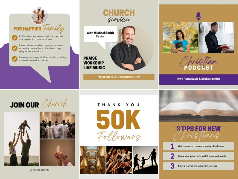 May include: A collage of six images promoting a church. The top left image features a purple background with a speech bubble that says "FOR HAPPIER Family". The top middle image features a brown background with a circle containing a man in a black clergy shirt. The text "CHURCH Service" is at the top of the image. The top right image features a brown background with a microphone icon and the text "Christian PODCAST". The bottom left image features a collage of three images of people in a church. The text "JOIN OUR Church" is at the top of the image. The bottom middle image features a collage of four images of a church interior and people raising their hands. The text "THANK YOU 50K Followers" is at the top of the image. The bottom right image features a brown background with a bible and the text "3 TIPS FOR NEW Christians".