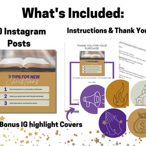 May include: A digital product for new Christians, including 30 Instagram posts, 5 bonus highlight covers, and instructions. The image shows a Bible open on a table with a sunbeam shining through. The text on the image says "3 Tips for New Christians".