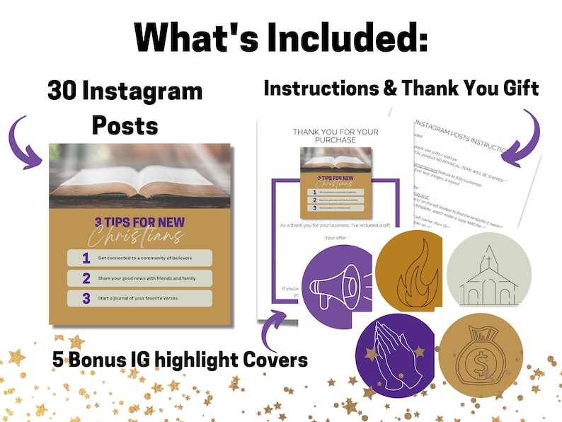 May include: A digital product for new Christians, including 30 Instagram posts, 5 bonus highlight covers, and instructions. The image shows a Bible open on a table with a sunbeam shining through. The text on the image says "3 Tips for New Christians".