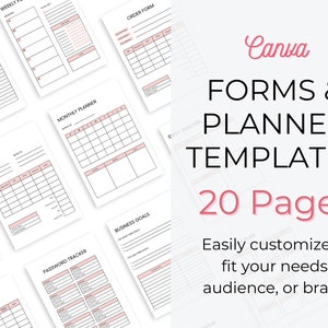 May include: A set of 20 printable planner and form templates in black and white with pink accents. The templates include a weekly planner, action plan, invoice, monthly planner, order form, SWOT analysis, business goals, supplier list, and password tracker.