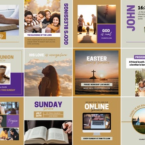 May include: A collage of nine images with a religious theme. The images feature people praying, a communion service, a cross, a bible, and a church. The text in the images includes quotes from the Bible, such as "Pray everyday" and "God is real".