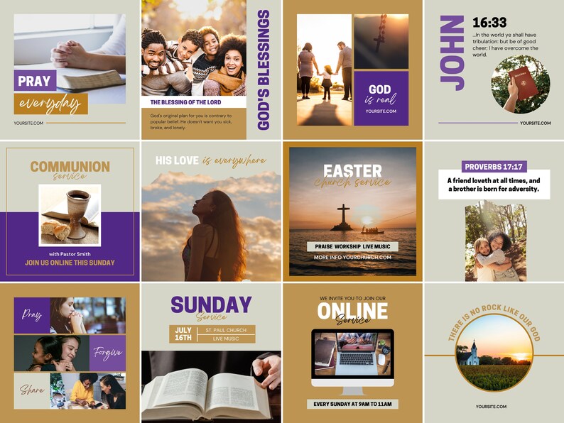 May include: A collage of nine images with a religious theme. The images feature people praying, a communion service, a cross, a bible, and a church. The text in the images includes quotes from the Bible, such as "Pray everyday" and "God is real".