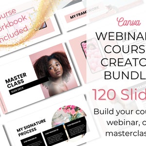 Puede incluir: Una plantilla Canva rosa y blanca para un paquete de creación de cursos o seminarios web. La plantilla incluye 120 diapositivas y el texto "Crea tu curso, seminario web o clase magistral".