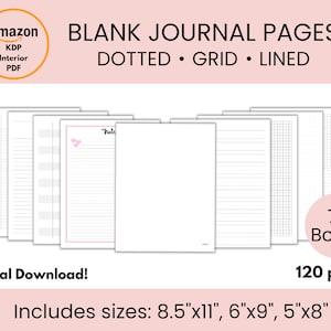 Könnte beinhalten: Ein digitaler Download von 72 leeren Journalseiten in 3 verschiedenen Stilen: gepunktet, kariert und liniert. Die Seiten sind in 3 Größen erhältlich: 21,6 cm x 27,9 cm, 15,2 cm x 22,9 cm und 12,7 cm x 20,3 cm. Das Bild zeigt eine Sammlung der verschiedenen Seitenstile und -größen.