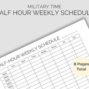 Peut inclure: Un modèle de planning hebdomadaire imprimable utilisant l'heure militaire, avec des incréments de demi-heure. Le modèle est conçu pour 8 pages et comprend les jours de la semaine du dimanche au samedi.