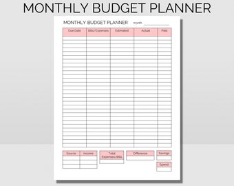 Printable monthly budget planner. Personal finance budget. Income & expenses. Bill tracker printable. Bonus blank checklist