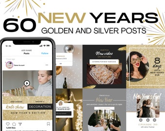 New Year Instagram Post Canva Templates. New Year Engagement Social Media Posts. Holiday Flyer. New Years Sale. Silver Black and Gold.