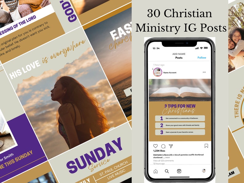 May include: A collage of images promoting a Christian ministry. The images include a woman looking up at the sky, a bible open on a table, and a sunset over the ocean. The text on the images includes "His Love is Everywhere", "Sunday Service", "3 Tips for New Christians", and "There is No Jam".