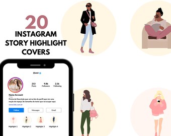 May include: A smartphone displays an Instagram profile with the text "20 INSTAGRAM STORY HIGHLIGHT COVERS." The image features illustrations of people and highlight icons. The profile shows follower and post counts.