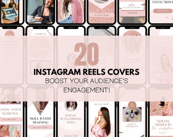 May include: A pink and white graphic design template with the text "20 Instagram Reels Covers Boost Your Audience's Engagement!" and images of people using social media.