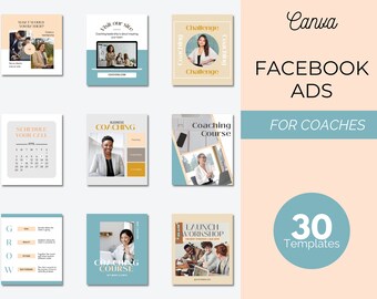 May include: A collection of 30 Facebook ad templates for coaches, featuring a variety of designs with different colours and text. The templates include images of people, calendars, and text boxes. The text on the templates includes phrases like "Coaching Course", "Schedule Your Call", and "Visit Our Site".