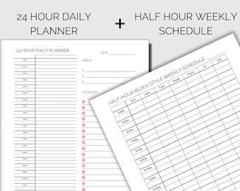 May include: A printable planner with two pages. The left page is a 24-hour daily planner with a section for goals and a to-do list. The right page is a half-hour block style weekly schedule.