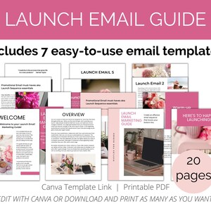 Puede incluir: Una guía rosa y blanca con el título "Launch Email Guide" y el texto "Includes 7 easy-to-use email templates". La guía incluye 20 páginas de plantillas de correo electrónico y consejos para lanzar un producto.