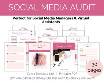 Social Media Audit Template. Social Media Analytics Report Canva Template. Marketing Analytics Report Template. Social media manager kit. VA