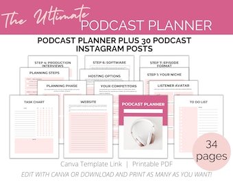 May include: A pink and white printable podcast planner with 34 pages. The planner includes sections for planning steps, task chart, website, hosting options, your competitors, listener avatar, episode format, and a to-do list. The planner also includes a Canva template link and a printable PDF.