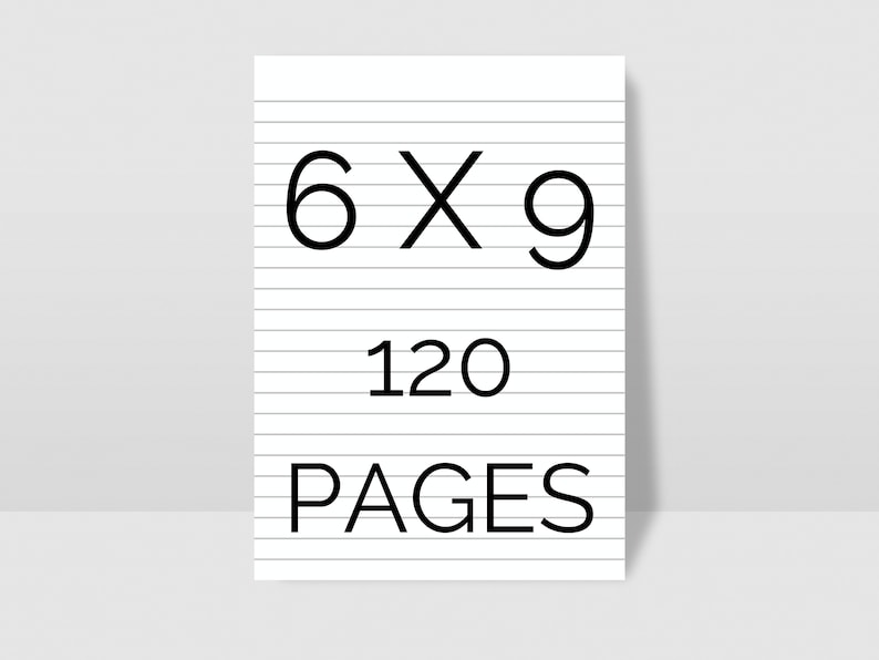 May include: A white sheet of paper with lined paper, showing the dimensions 6 x 9 and the text "120 PAGES".