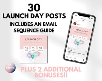 May include: A digital marketing graphic with a pink background and a countdown timer for a product launch. The timer shows 2 days, 12 hours, and 37 minutes. The graphic includes the text "LAUNCH DAY" and "30 LAUNCH DAY POSTS INCLUDES AN EMAIL SEQUENCE GUIDE PLUS 2 ADDITIONAL BONUSES!!".