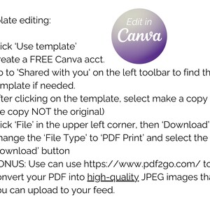 May include: A purple circle with the text "Edit in Canva" in white. A list of instructions for editing a template in Canva, including creating a free account, making a copy of the template, and downloading the template as a PDF.