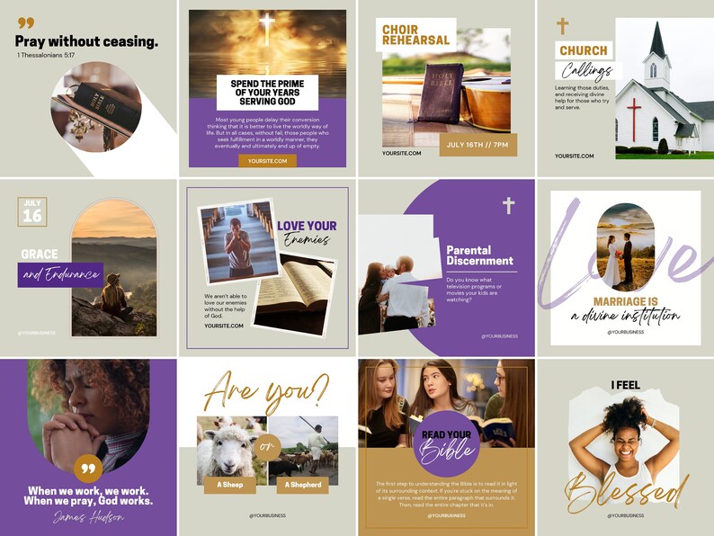 May include: A collage of nine images with a religious theme. The images feature quotes about faith, love, and marriage, as well as images of a church, a bible, and people praying. The images are in a variety of colors and styles, and they are all set against a light background.