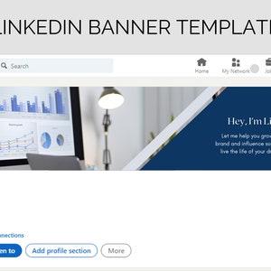 May include: LinkedIn banner template with a blue and white background. The banner features a photo of a desk with a computer monitor displaying graphs and charts. The text "Hey, I'm Lily" is displayed in white text on a blue background. The text "Let me help you grow your brand and influence so you can live the life of your dreams." is displayed in white text on a blue background.